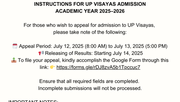 Appeal for Admission to UP Visayas (2nd Round of Manual Appeals)